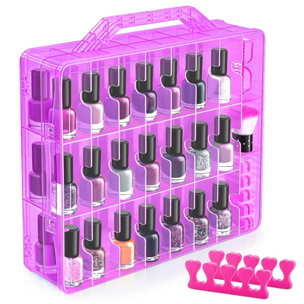 DreamGenius Nail Polish Organizer Case for 48 Bottles with 2 Nail Separators, Double Side Gel Nail Polish Holder with Adjustable Dividers, Purple