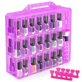 DreamGenius Nail Polish Organizer Case for 48 Bottles with 2 Nail Separators, Double Side Gel Nail Polish Holder with Adjustable Dividers, Purple