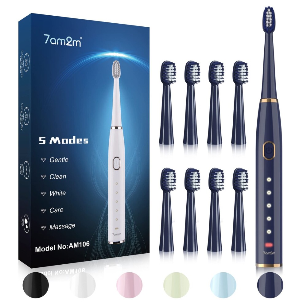 7AM2M Sonic Electric Toothbrush for Adults and Kids- High Power Rechargeable Toothbrushes with 8 Brush Heads,5 Adjustable Modes, Built-in 2-Minute Smart Timer,4 Hours Fast Charge for 30 Days(Navy)