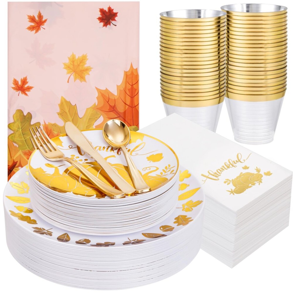 Festiva 176Pcs Thanksgiving Plastic Plates - Heavy Duty Thanksgiving Plates - Thanksgiving Disposable Dinnerware Set include 50 Plates,75 Silverware, 25 Cups, 25 Pumpkins Napkins, 1Tablecloth
