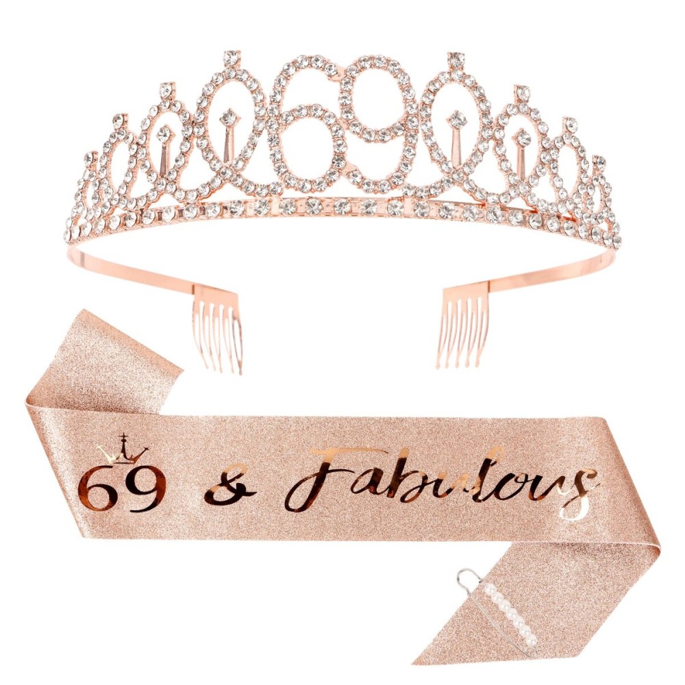 CIEHER 69 & Fabulous Birthday Set: Crown, Sash, Pearl Pin - 69th Birthday Decorations & Gifts for Women
