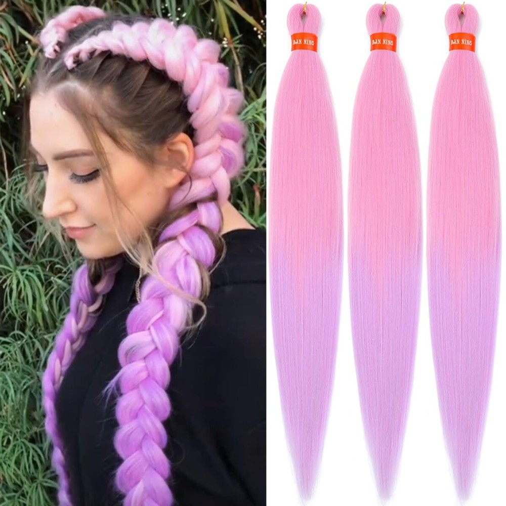 Ombre Pink Lavender Purple Pre Stretched Braiding Hair 30 Inch Festival Yaki Texture Braid Hair Extensions 3 Packs Braiding Hair Pre Stretched