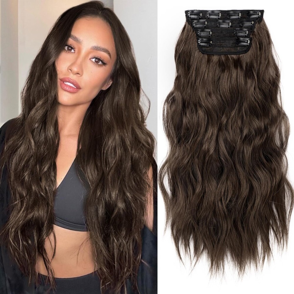 KooKaStyle Hair Extensions Long Wavy 4PCS Thick clip in hair extensions Hairpieces Chocolate Brown Fiber Double Weft Natural Synthetic Hair Extensions 20 Inch for Women