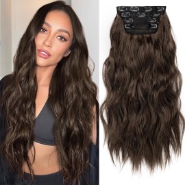 KooKaStyle Hair Extensions Long Wavy 4PCS Thick clip in hair extensions Hairpieces Chocolate Brown Fiber Double Weft Natural Synthetic Hair Extensions 20 Inch for Women