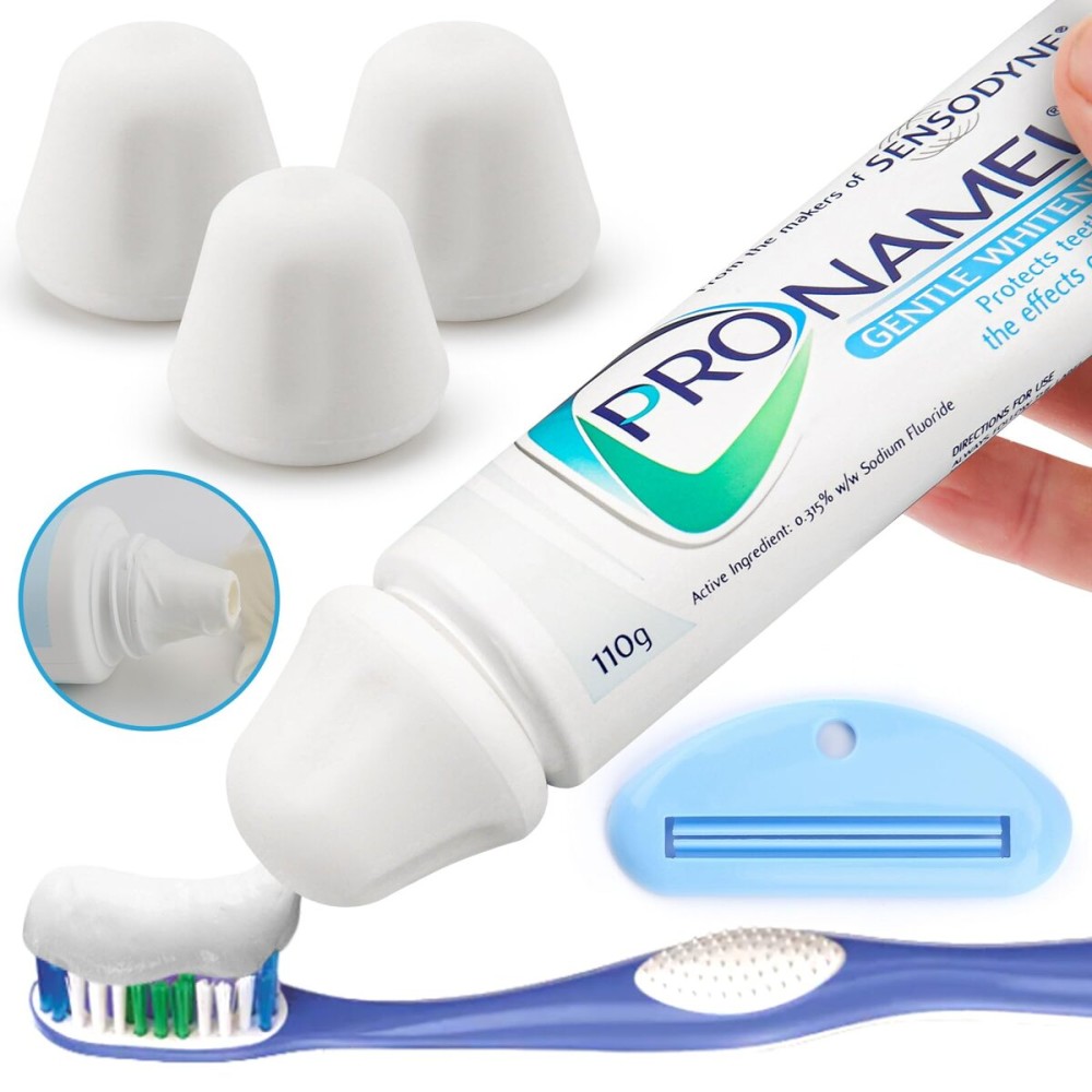 Self-Closing XXL Toothpaste Caps 3-Pack White, Sensodyne Pronamel Compatible by Tilcare - No Waste Cap Dispensers for Easy Use - Mess-Free Toothpaste Lids - Food Grade Silicone & BPA-Free Toppers