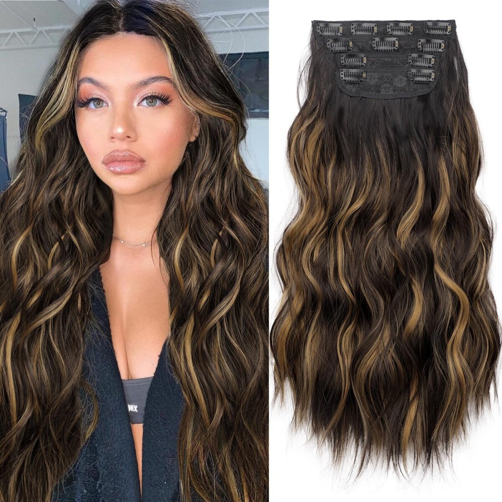 KooKaStyle Clip in Synthetic Hair Extensions Long Wavy 4PCS Black&Dark mix light brown Fiber Double Weft Natural Hair Extensions 20 Inch for Women