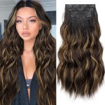 KooKaStyle Clip in Synthetic Hair Extensions Long Wavy 4PCS Black&Dark mix light brown Fiber Double Weft Natural Hair Extensions 20 Inch for Women