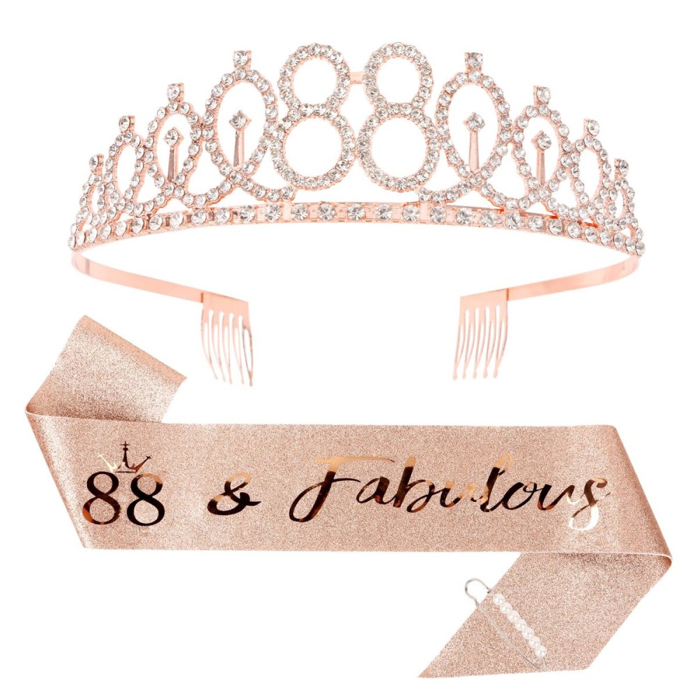 CIEHER 88th Birthday Crown + 88th Birthday Sash + Pearl Pin Set, 88 & Fabulous Birthday Sash, 88 Birthday Tiara, 88th Birthday Decorations for Women, 88th Birthday Gifts