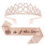 CIEHER 88th Birthday Crown + 88th Birthday Sash + Pearl Pin Set, 88 & Fabulous Birthday Sash, 88 Birthday Tiara, 88th Birthday Decorations for Women, 88th Birthday Gifts
