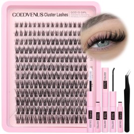 Goddvenus Lash Clusters Kit Wispy Lash Extension Kit Waterproof Lashes Clusters DIY Eyelash Clusters Kit with Natural Individual Eyelashes, Lashes Glue Bond and Seal and Lash Tweezers (D Curl 192pcs)