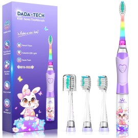 Kids Electric Toothbrush with Timer Toddler Toothbrush Age 2-4-8-12 Girls Electric Toothbrush Rainbow LED Light Up Vibrating Toothbrush Battery Operated Childrens Sonic Tooth Brush (Rabbit Purple)