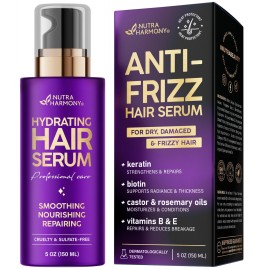 NUTRAHARMONY Hydrating Hair Serum - Keratin Hair Treatment for Dry, Frizzy, Damaged Hair - Biotin, Castor & Rosemary Oils - AntiFrizz, Heat Protectant & Split Ends Repair for Smooth, Shiny Hair, 5oz
