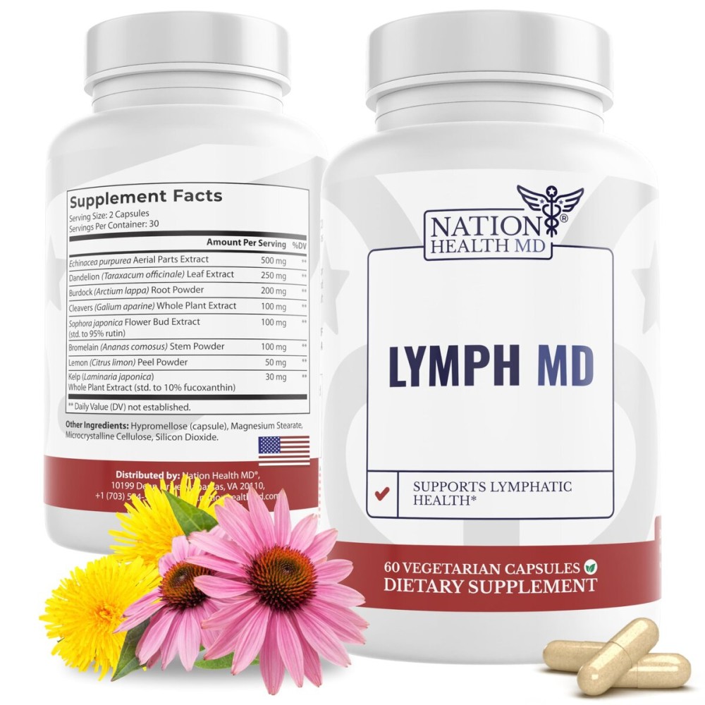 NATION HEALTH MD Lymph MD - Lymphatic Drainage Supplement - with Bromelain, Echinacea, Burdock Root, Dandelion, Rutin, Kelp & More - Lymph System Support for Women & Men - 60 Capsules