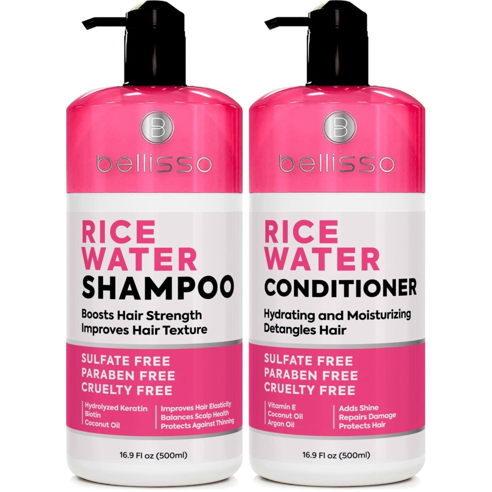 Rice Water Shampoo and Conditioner Set - Sulfate Free for Thin and Fine Hair - Fuller, Thickening Formula for Women and Men - With Strengthening Saw Palmetto - Anti Thinning, Volumizing for Thick Hair