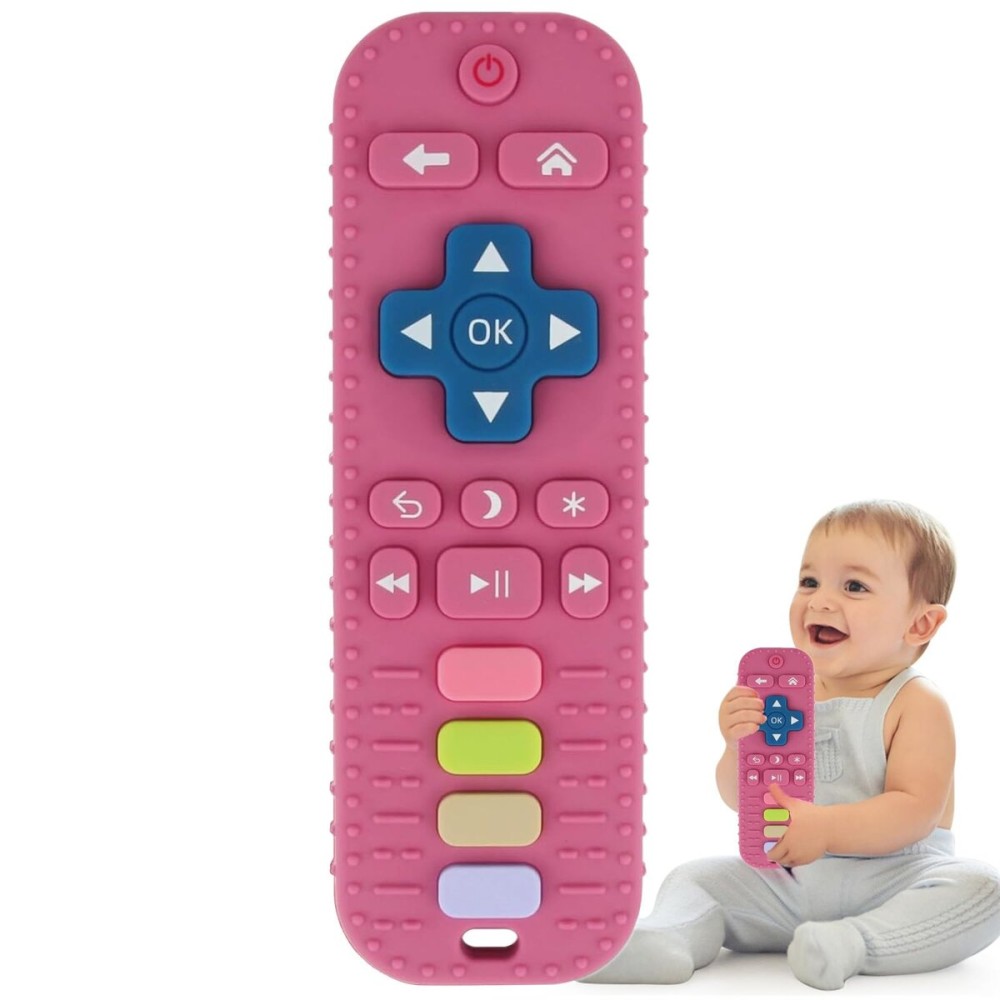Fu Store Silicone Teething Toys for Infant Toddlers, Remote Control Shape Teethers for Babies Chew Toys, Relief Soothe Babies Gums Set, BPA Free Freezable Dishwasher and Refrigerator Safe (Rose Pink)
