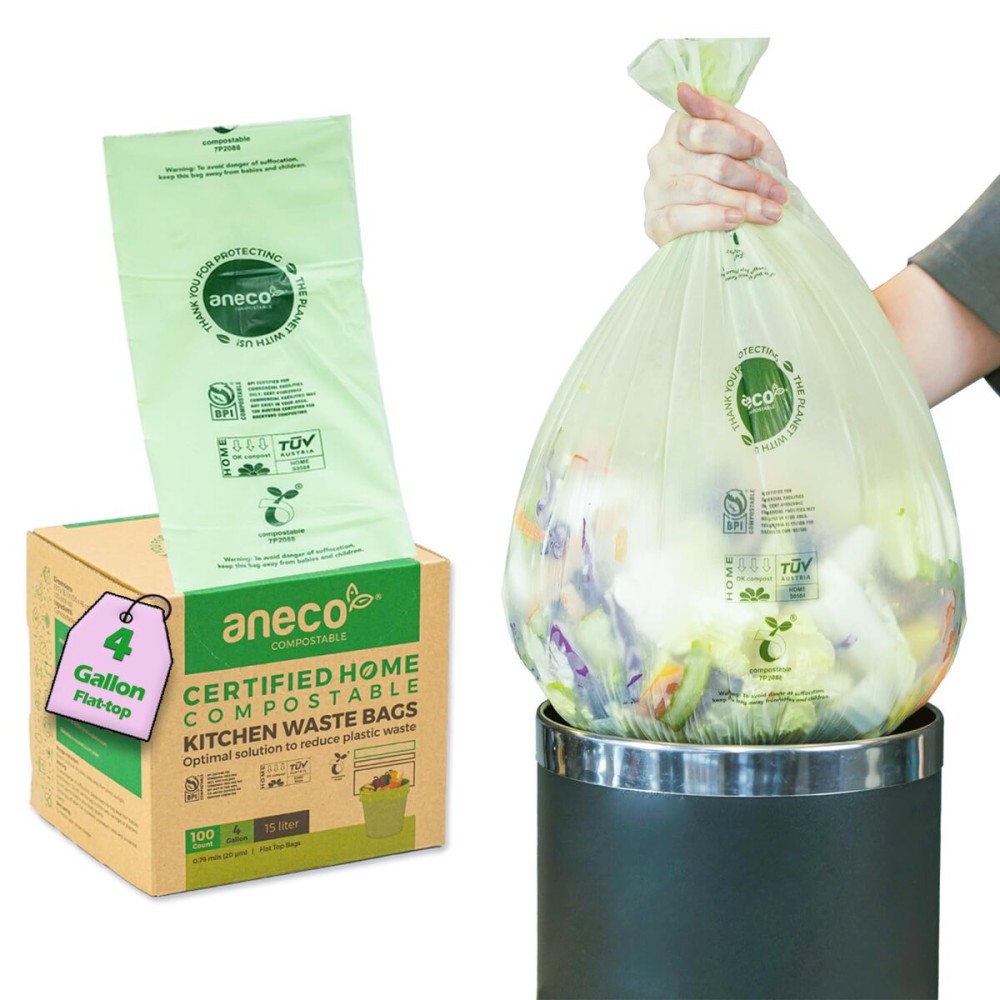 ANECO Compostable Trash Bags 4 Gallon (Flat-Top, 100 Count), Extra Strong for Medium Kitchen Garbage, OK Compost HOME & BPI Certified Compostable