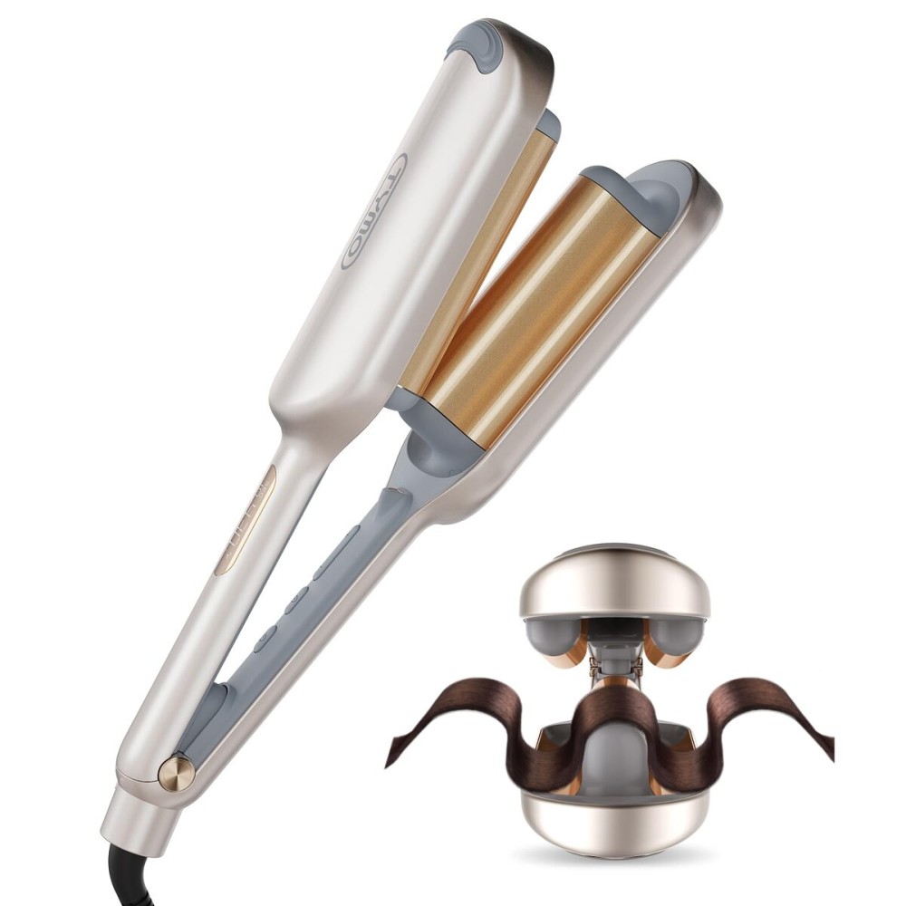 Curling Iron Hair Crimper Waver - TYMO ROVY Beach Waves Curling Wand, Ionic Deep Waver Hair Curler Tool with Ceramic 3 Barrel for Women, Dual Voltage, Anti-Scald, Easy to Use, Elegant Gold, 1.25 Inch