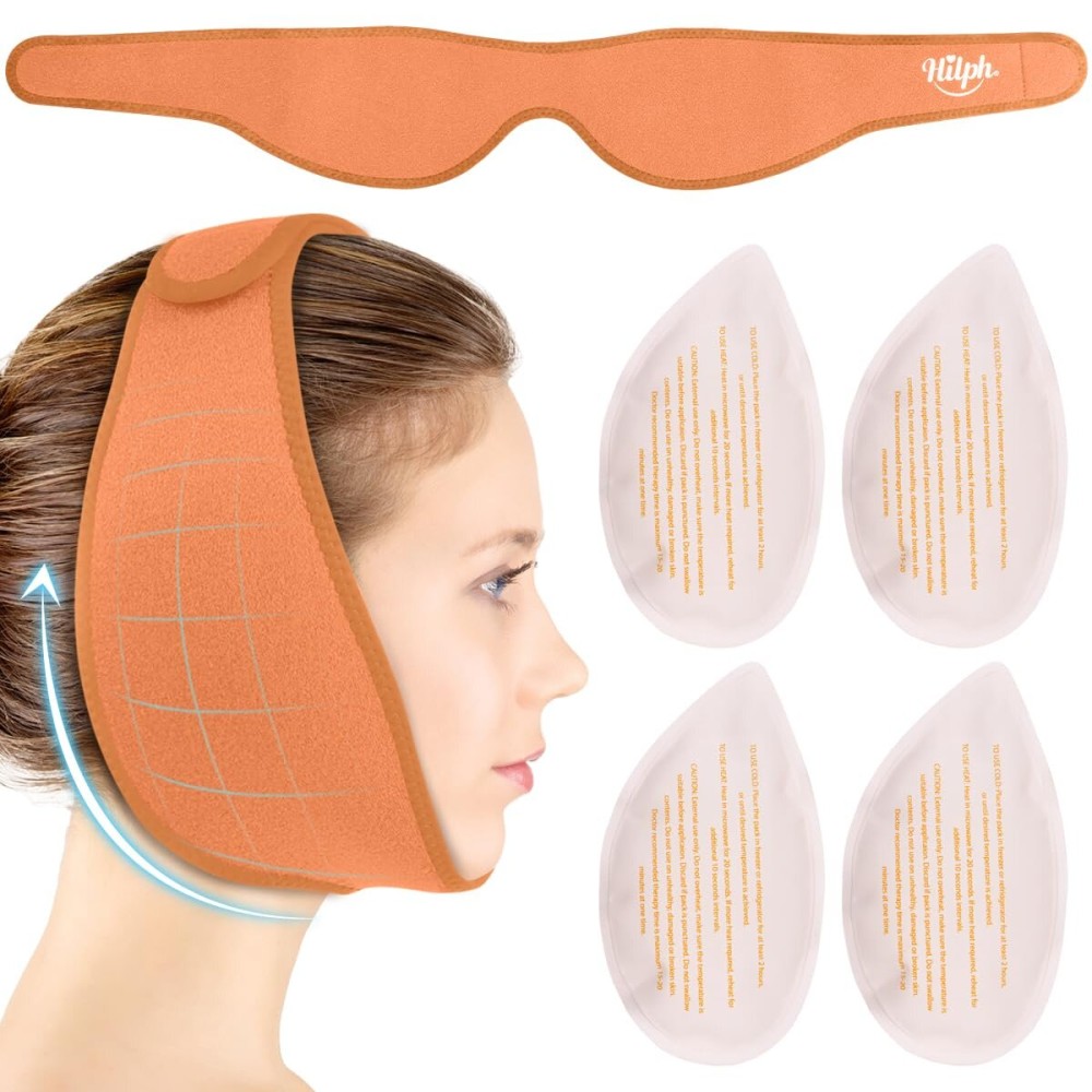 Hilph Face Ice Pack Wisdom Teeth Ice Pack Head Wrap with Washable Jaw Wrap and 4 Replacement Hot Cold Pack for Facial Oral Surgery, TMJ, Tooth Extraction, Dental Surgery, Tonsillectomy Recovery Orange