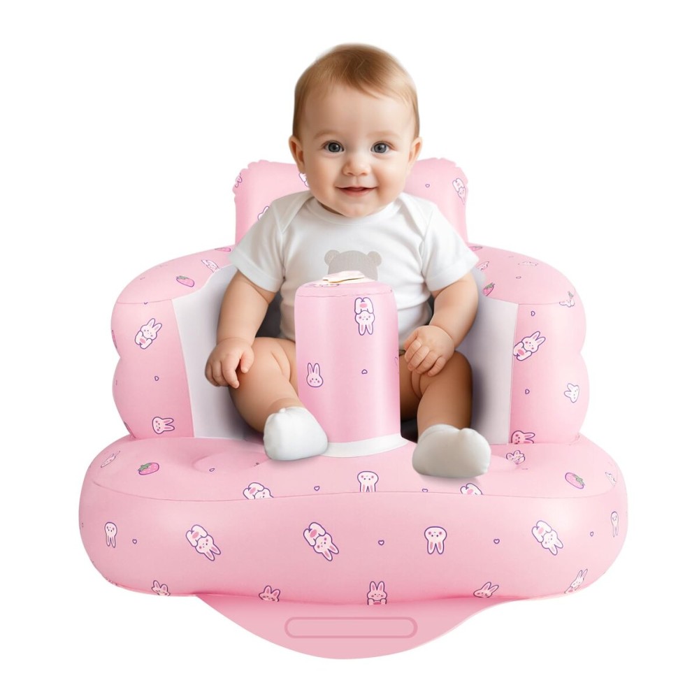 Inflatable Baby Chair, Inflatable Baby Seat for Babies 3 Months and Up, Summer Blow Up Chair with Built in Air Pump, Infant Floor Seats for Learning to Sit, Palying, Camping, Strawberry