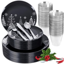 KIRE 150PCS Christmas Plates Disposable & Dinnerware Set for 25 Guests - Black & Silver Plates, Plastic Silverware & Cups With Silver Rim for Christmas Party Supplies