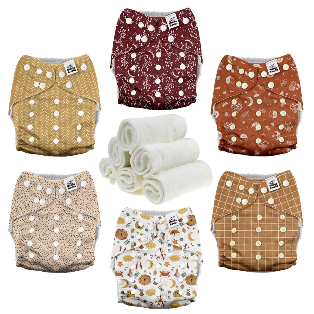 Mama Koala 3.0 Pocket Cloth Diapers for Babies with AWJ Lining, 6 Pack with 6 4-Layer Natural Cloth Diaper Inserts - Reusable and Washable Pocket Diapers(Lucky Colors)