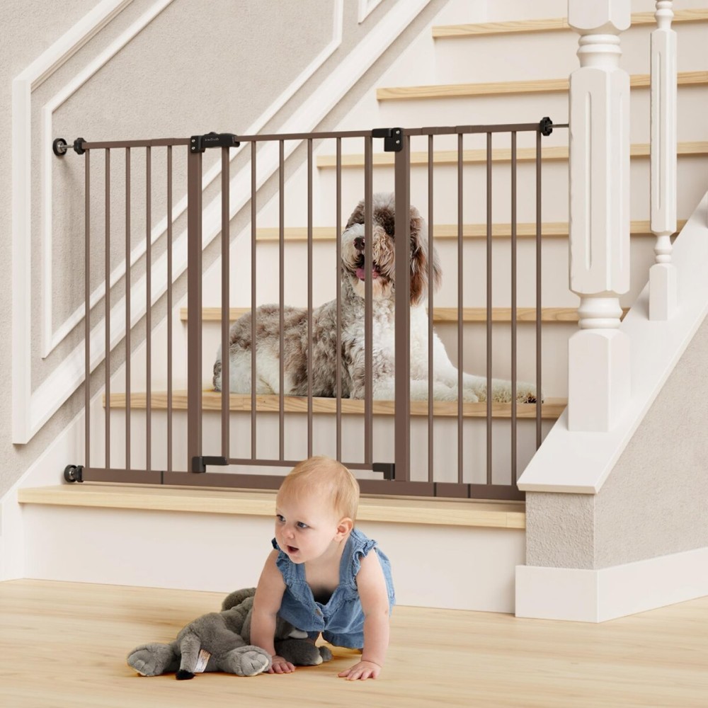 InnoTruth 28.9-49 Baby Gate for Doorways, 30 Tall Extra Wide Doggy Gates for Stairs One-Hand Opening, Easy Walk Thru Dual Lock Dog Gates for The House, Kitchen, Balcony, Easy Install Kid Gate,Brown