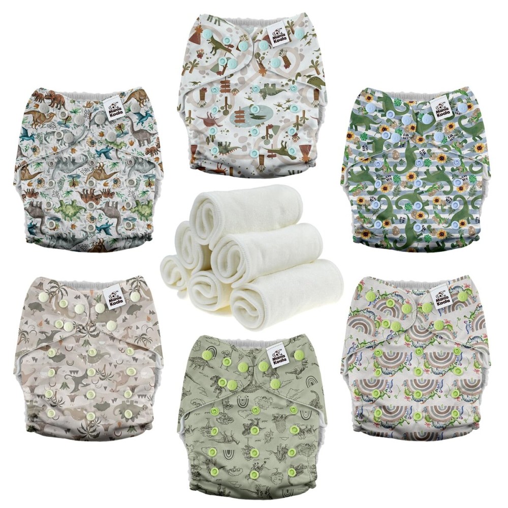 Mama Koala 3.0 Pocket Cloth Diapers for Babies with AWJ Lining, 6 Pack with 6 4-Layer Natural Cloth Diaper Inserts - Reusable and Washable Pocket Diapers(Cute Dinosaurs)