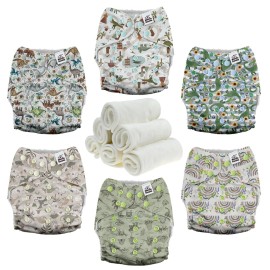 Mama Koala 3.0 Pocket Cloth Diapers for Babies with AWJ Lining, 6 Pack with 6 4-Layer Natural Cloth Diaper Inserts - Reusable and Washable Pocket Diapers(Cute Dinosaurs)