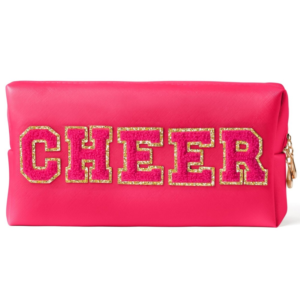 Y1tvei CHEER Large Cosmetic Bag - Preppy Patch CHEER Hot Pink Chenille Letter Makeup Bag PU Leather Waterproof Portable Cheer Letter Toiletry Pouch Travel Organizer for Cheerleader Girl (Rose Red)