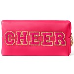 Y1tvei CHEER Large Cosmetic Bag - Preppy Patch CHEER Hot Pink Chenille Letter Makeup Bag PU Leather Waterproof Portable Cheer Letter Toiletry Pouch Travel Organizer for Cheerleader Girl (Rose Red)