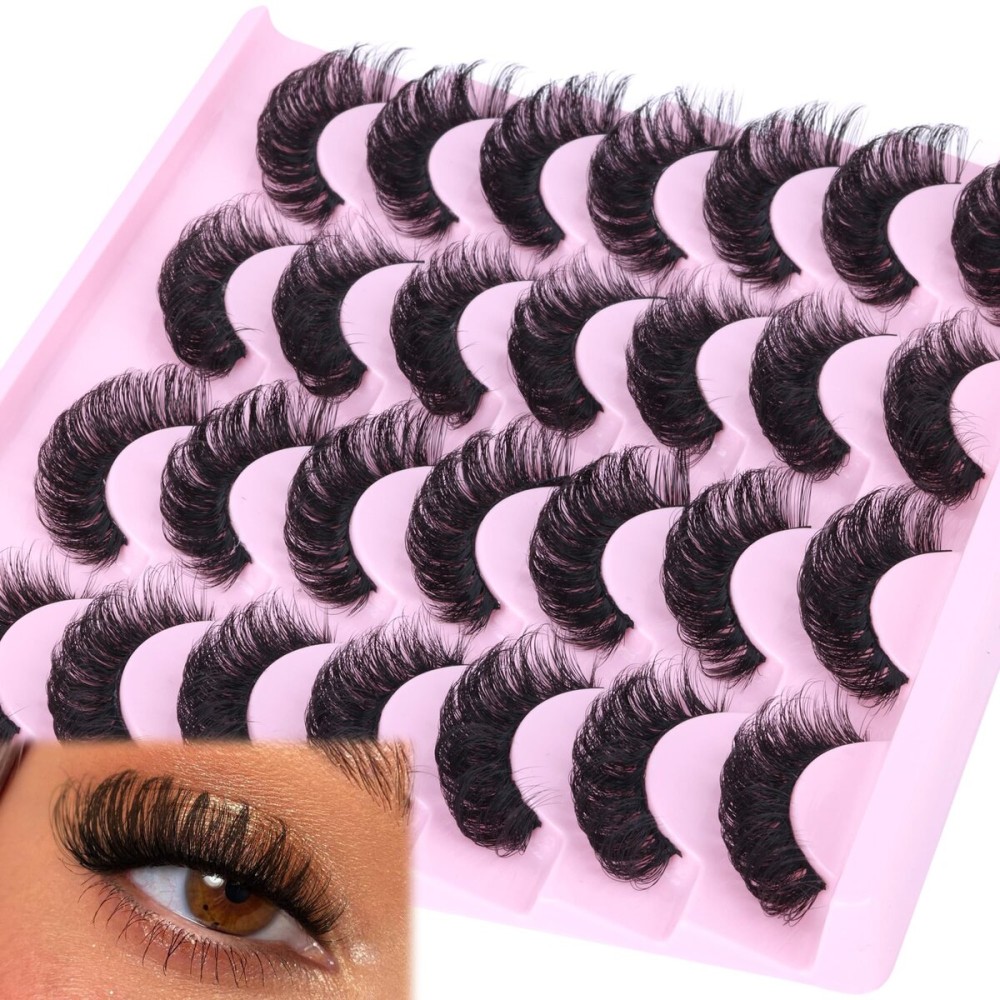 False Eyelashes Volume Russian Strip Lashes D-Curly Fake Eyelashes Extension Wispy Cat Eye Lashes Handmade Soft Reusable 14 Pairs Lashes Pack