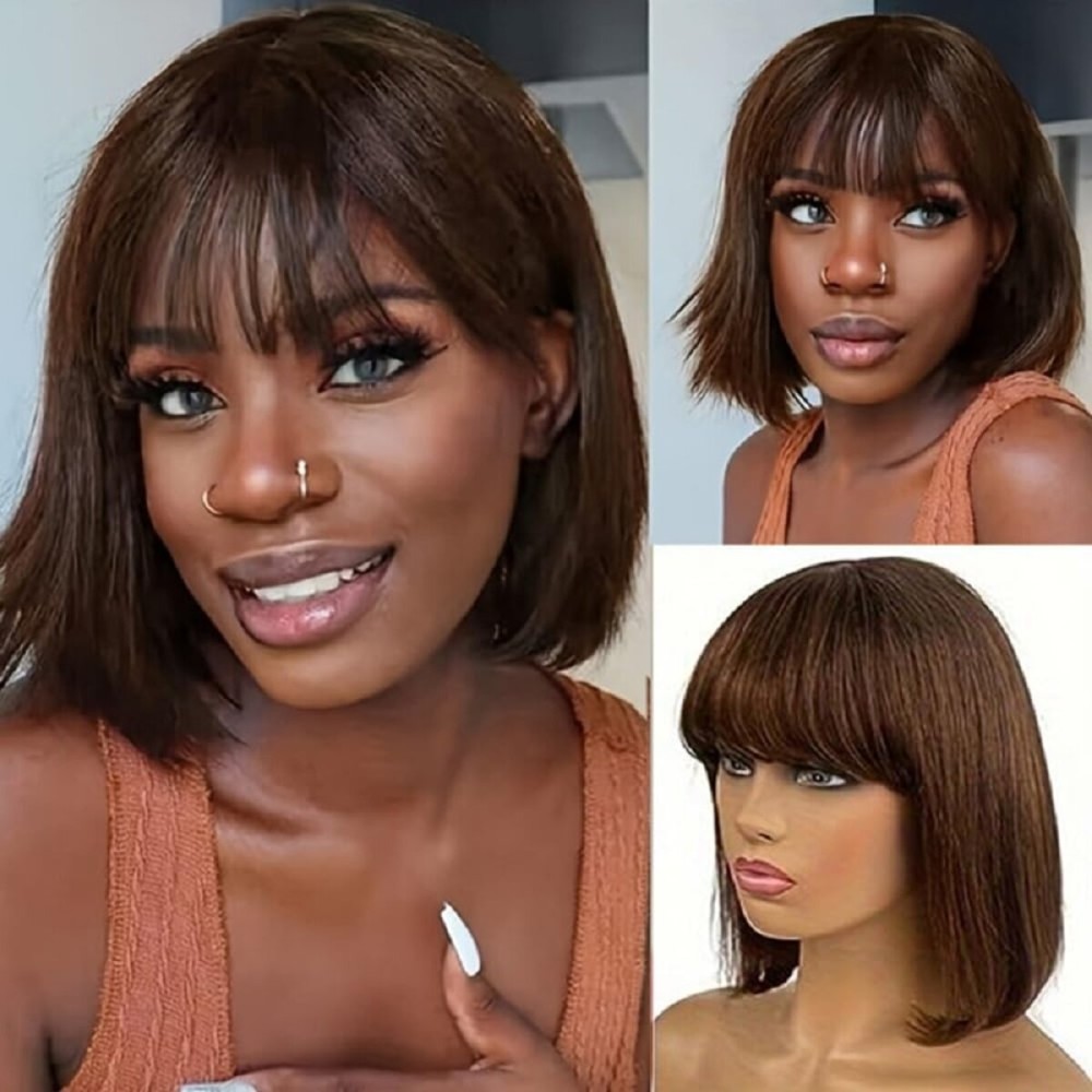 Rebasar Chocolate Brown Short Bob Wigs Human Hair Wear and Go Bob Wig With Bangs Human Hair Wigs for Black Women Glueless Brazilian Straight Hair None Lace Front Wig Dark Brown 8 Inch