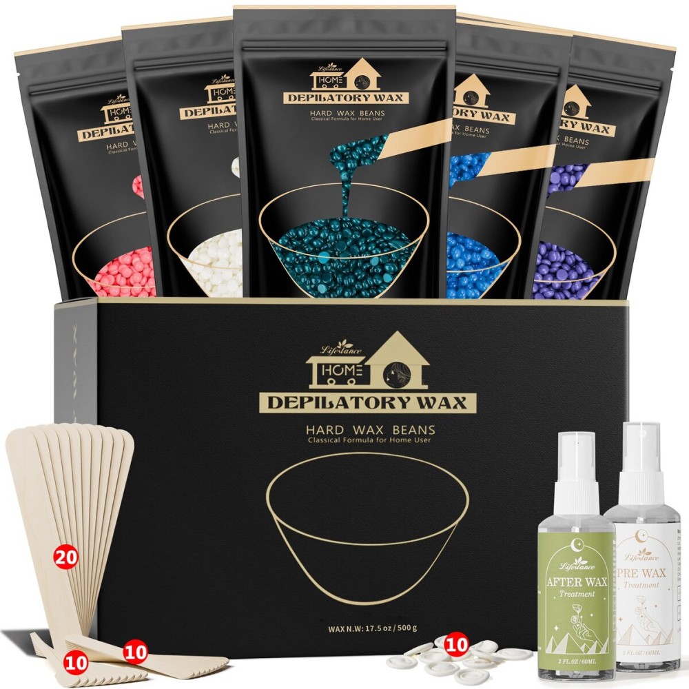 Lifestance Wax Beads Set, 5 Kinds of Waxing Beads, Hard Wax Beans with 57 Items Silicone Spatulas, Perfect for Any Waxing Warmers, Wax Beads for Hair Removal for Bikini Underarm Face Body