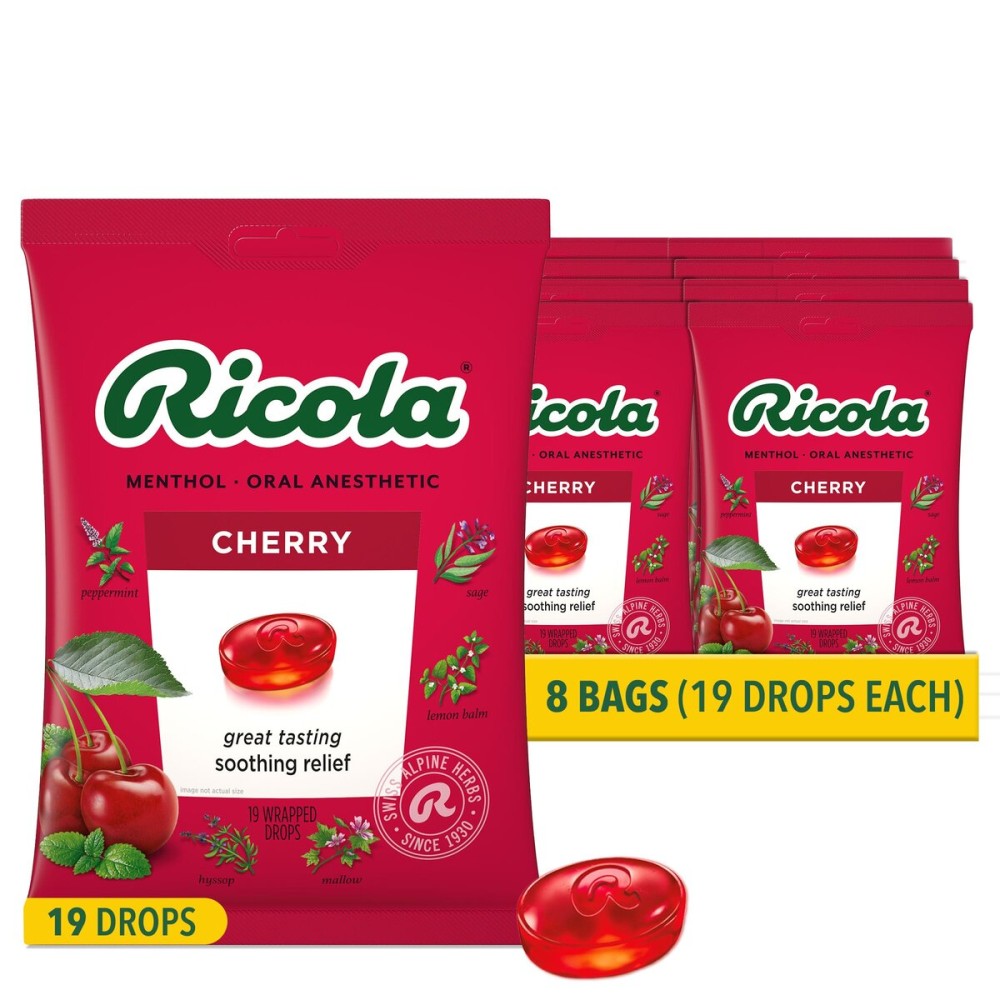 Ricola Cherry Throat Drops, 19 Count (Pack of 8) Daily Drops for Delicious Throat Refreshment, Oral Anesthetic, Naturally Flavored