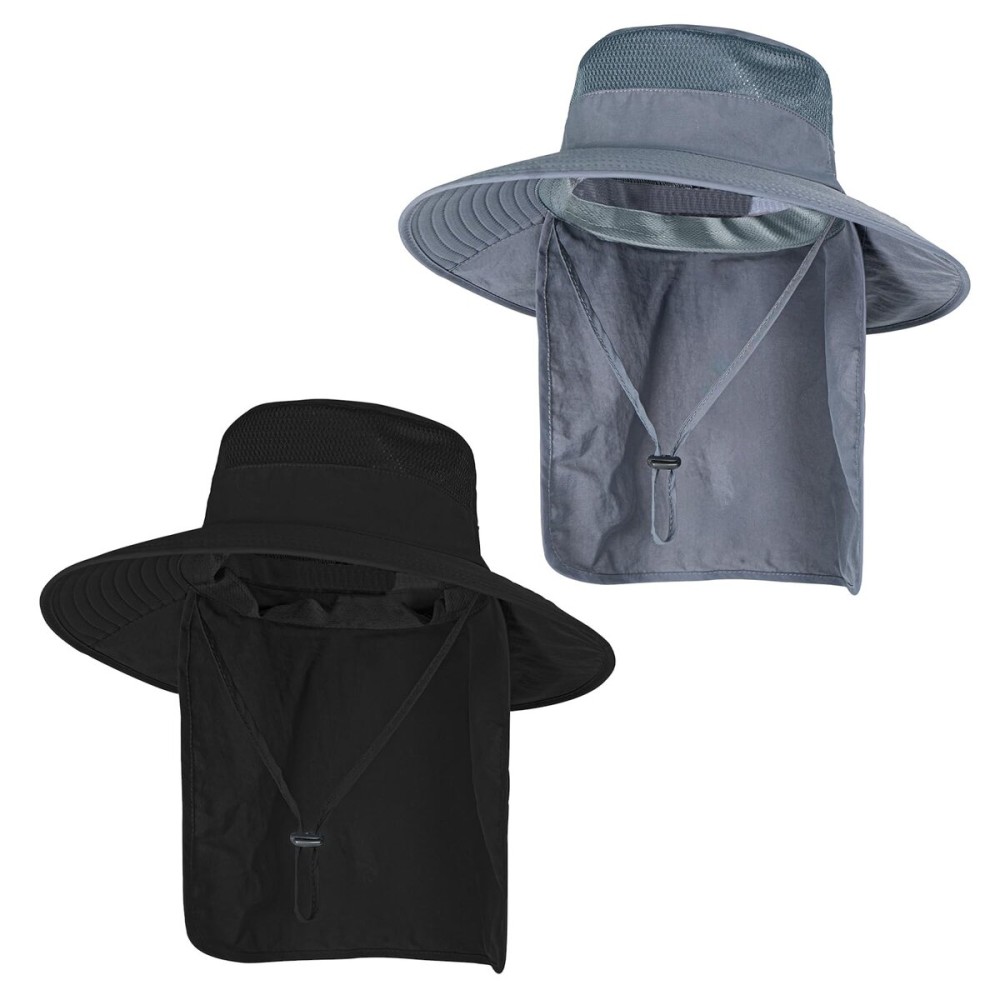2Pack Sun Hats for Men Women Fishing Hat UPF 50+ Breathable Wide Brim Bucket Hats Summer UV Protection Safari Hat with Neck Flap Black/Dark Grey