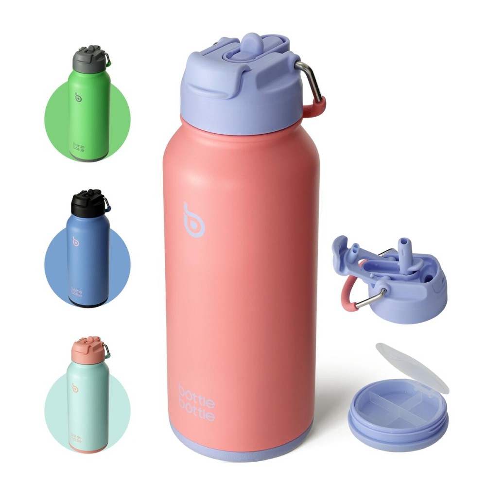 BOTTLE BOTTLE 32 oz Insulated Water Bottle Stainless Steel Sport Water Bottle with Straw Dual-use Lid Design for Gym with Pill Box (lavender dream)
