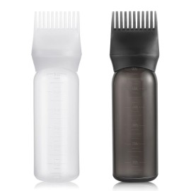 Pimoys 2 Pack Root Comb Applicator Bottle 6 Ounce Oil Applicator for Hair Dye, Hair Oiling Applicator Hair Coloring Bottle with Graduated Scale, Black and White