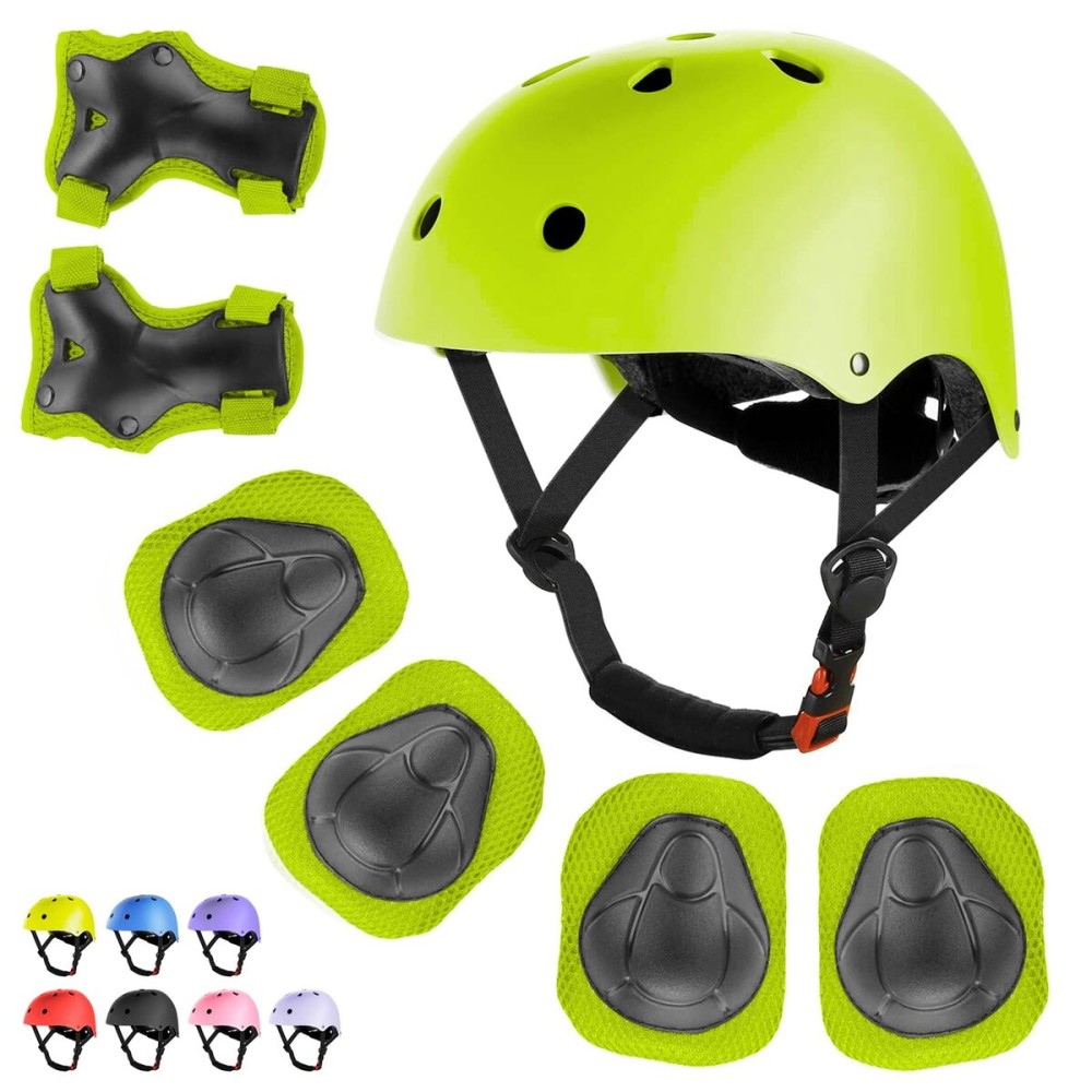 WayEee Kids Bike Helmet Set Skateboard Knee Pads, 7PCS Protective Gear Adjustable for Girls Boys 3-10 Age Elbow Pads Wrist Guards for Outdoor Sports Cycling Bike Roller Skating Scooter, Youth, Green
