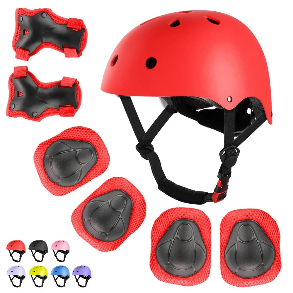 WayEee Kids Bike Helmet Set Skateboard Knee Pads, 7PCS Protective Gear Adjustable for Girls Boys 3-10 Age Elbow Pads Wrist Guards for Outdoor Sports Cycling Bike Roller Skating Scooter, Youth, Red