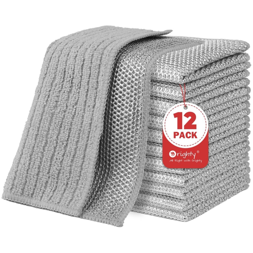 Orighty Multipurpose Wire Dishwashing Rag 12 Pcs, Upgraded Double-Layer Non-Scratch Wire Dish Cleaning Cloths, Reusable Steel Scrubber for Kitchen, Powerful Dishcloth Rag for Cookware, Grey, 7x8