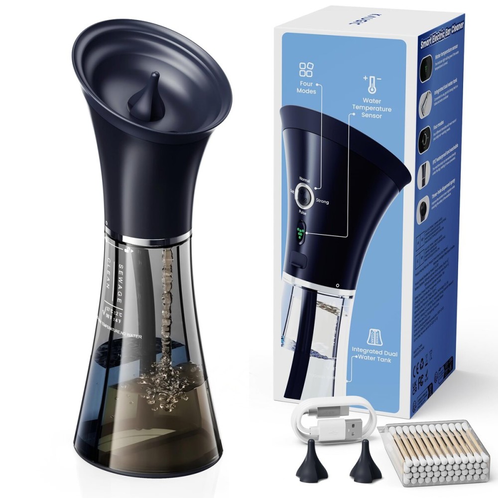 KAUGIC Upgraded Ear Wax Removal with One-Piece Waste Tank, Safe Ear Cleaner with Water Temperature Sensor, Effective Ear Irrigation Kit, IPX7, Semi-Transparent