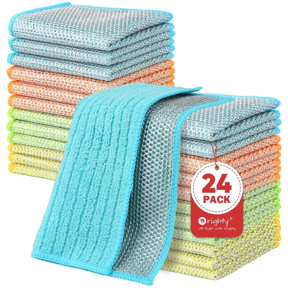 Orighty Multipurpose Wire Dishwashing Rag 24 Pcs, Upgraded Double-Layer Non-Scratch Wire Dish Cleaning Cloths, Kitchen Reusable Steel Scrubber, Powerful Dishcloth Rag for Cookware, Multicolor, 7x8