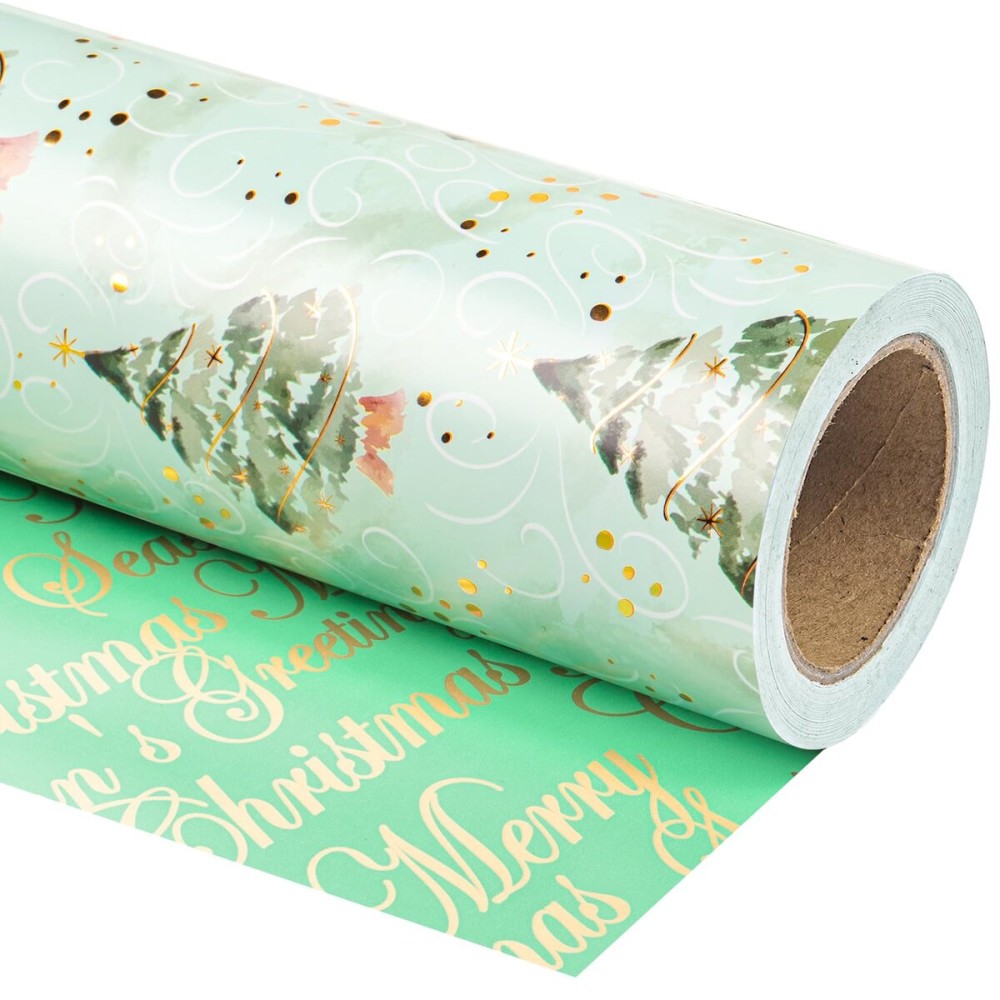 WRAPAHOLIC 30 Inch Jumbo Reversible Green Christmas Wrapping Paper - 30 Inch x 100 Feet Jumbo Roll Watercolor Green Christmas Tree Wrapping Paper with Metallic Foil Shine for Holiday, Party