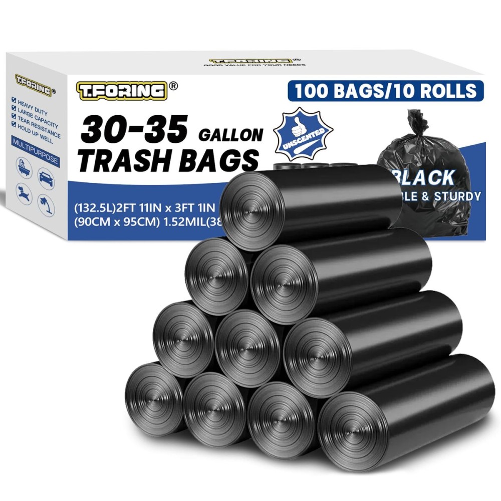 T.FORING 30-35 Gallon Trash Bags Heavy Duty 1.5 Mil - 35 x 37 100 Count Large Black Garbage Bags 30+ Gallon Strong Plastic Trash Can Liners for Home Kitchen Commercial Lawn and Leaf