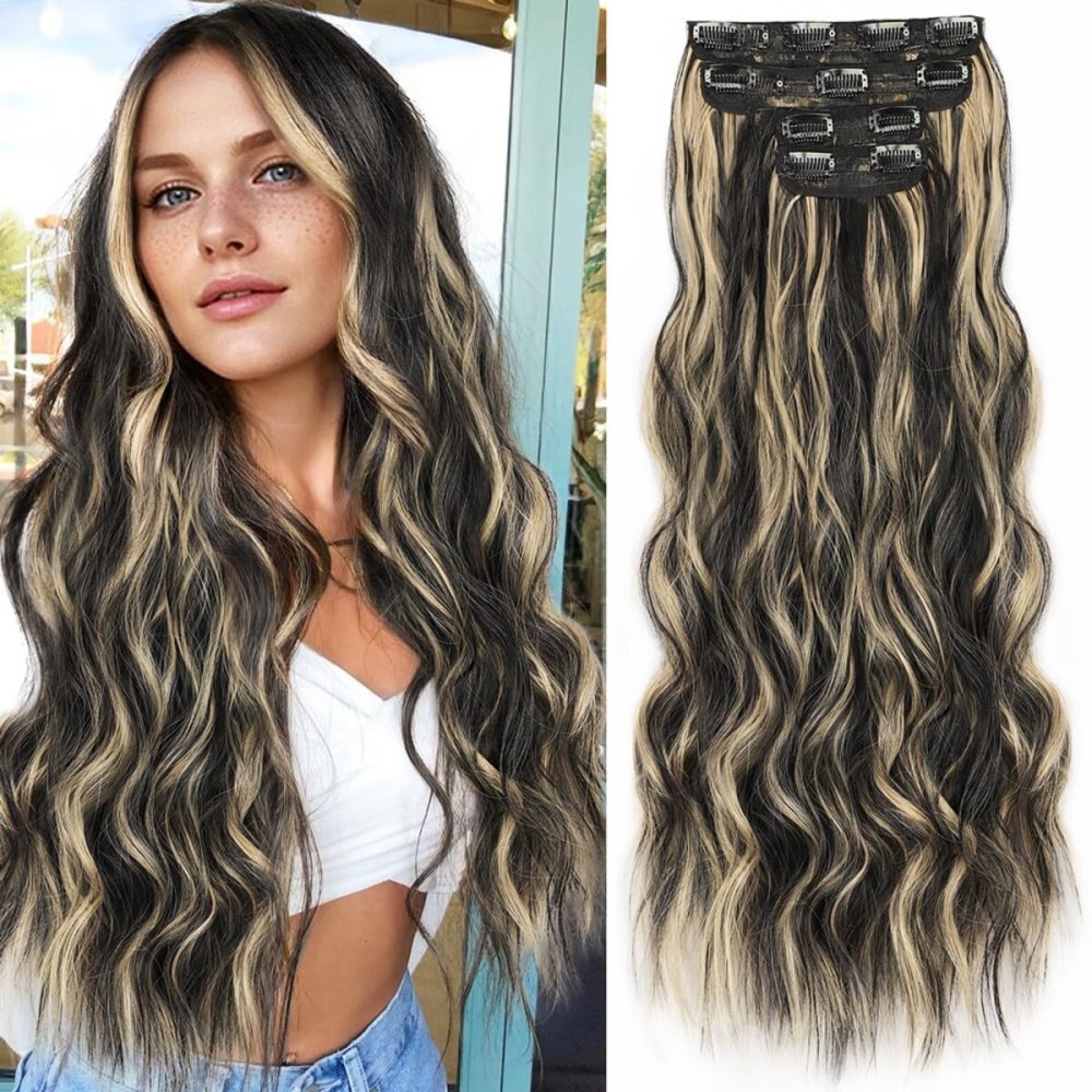ALXNAN Clip in Long Wavy Synthetic Hair Extension 24 Inch Black with Blonde Highlights 4PCS Thick Hairpieces Fiber Double Weft Hair for Women