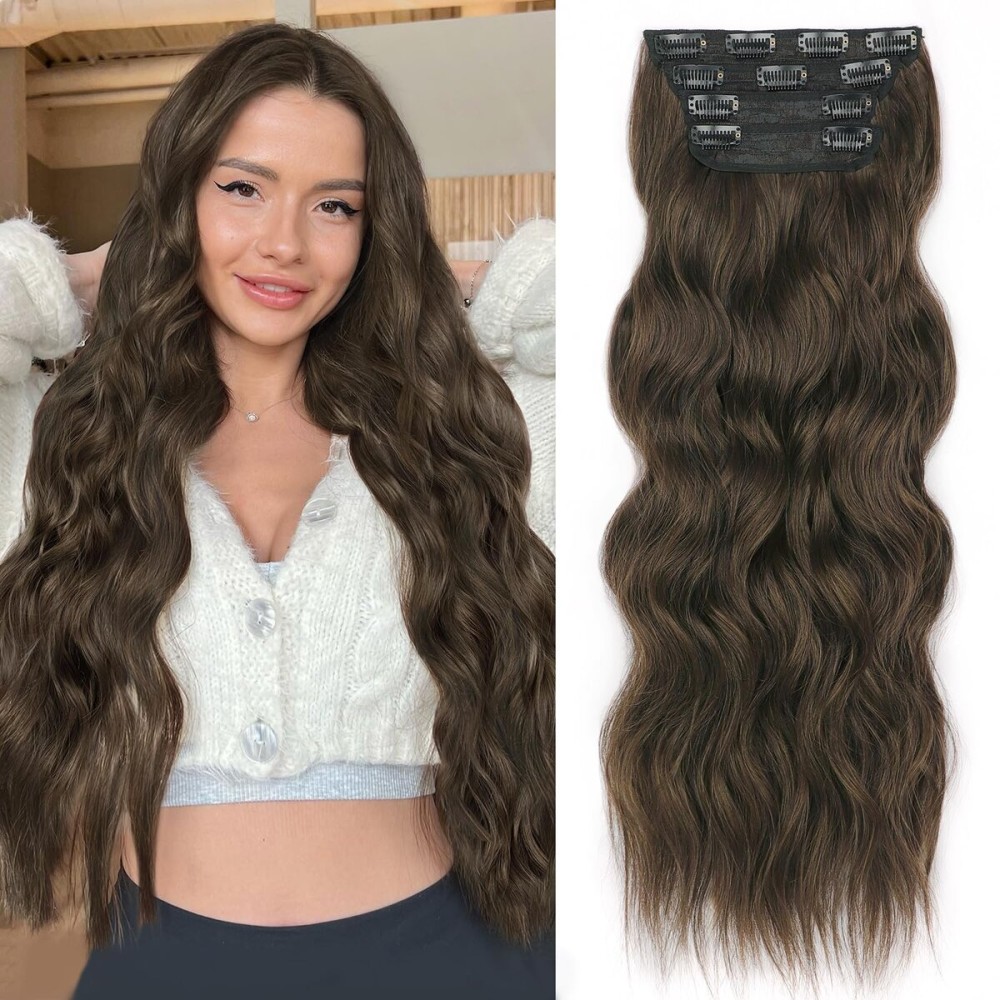 ALXNAN Clip in Hair Extensions for Women,Chocolate Brown with Dark Brown Long Wavy Hair Extensions Clip Ins 4PCS 24 Inch Synthetic Soft and Natural Thick Hair Pieces for Women
