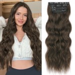 ALXNAN Clip in Hair Extensions for Women,Chocolate Brown with Dark Brown Long Wavy Hair Extensions Clip Ins 4PCS 24 Inch Synthetic Soft and Natural Thick Hair Pieces for Women