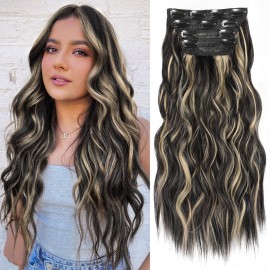 ALXNAN Clip in Hair Extensions for Women, Black Mix Blonde Long Wavy Hair Extensions Clip Ins 4PCS 20 Inch Synthetic Soft and Natural Thick Hair Pieces for Women