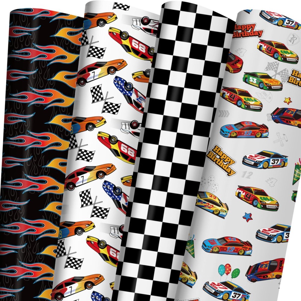 ZINTBIAL Race Car Wrapping Paper for Kids Birthday - Flames, Checkered Flags, Colorful Racing Cars and Happy Birthday Words Designs - 20 x 29 Inches, 8 Folded Sheets, Easy to Store