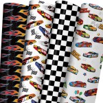 ZINTBIAL Race Car Wrapping Paper for Kids Birthday - Flames, Checkered Flags, Colorful Racing Cars and Happy Birthday Words Designs - 20 x 29 Inches, 8 Folded Sheets, Easy to Store